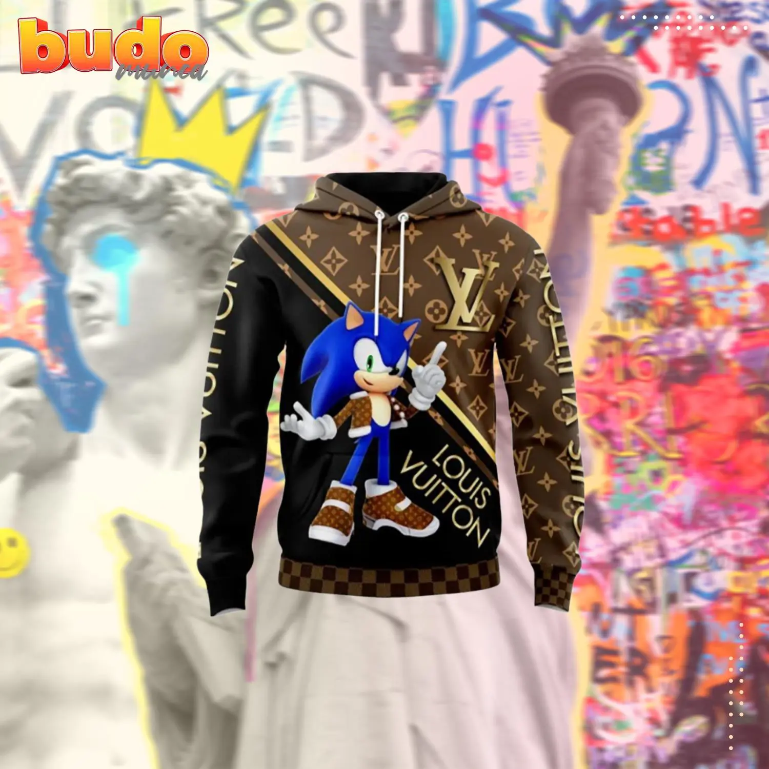 Louis vuitton sonic brown black unisex hoodie outfit for men women luxury brand clothing special gift - hot new